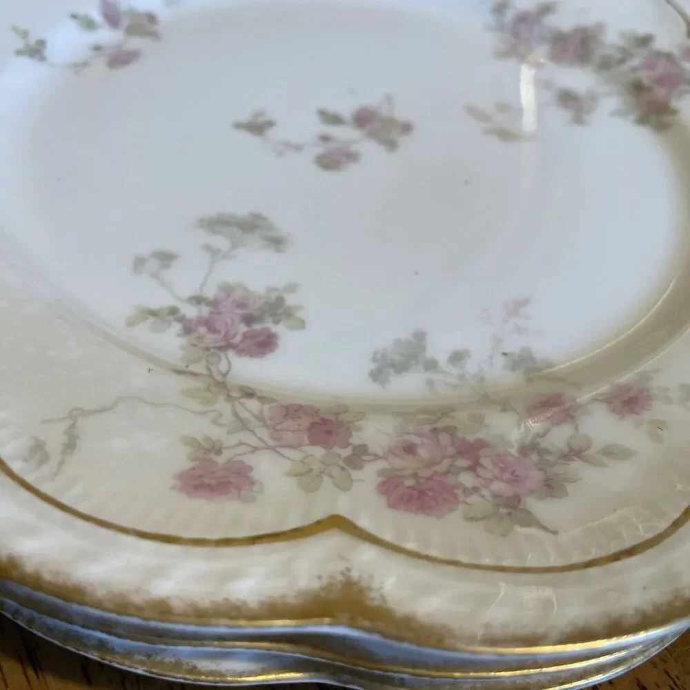 3 Antique Haviland Limoges Luncheon Plates Roses Gold Trim 8.5”